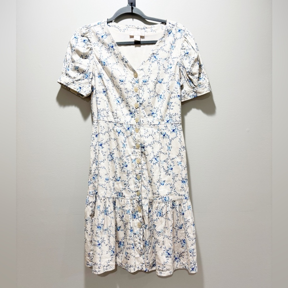 Rachel Parcell Blue Ivory Floral Midi Dress Button Up Cottagecore Darling Size S